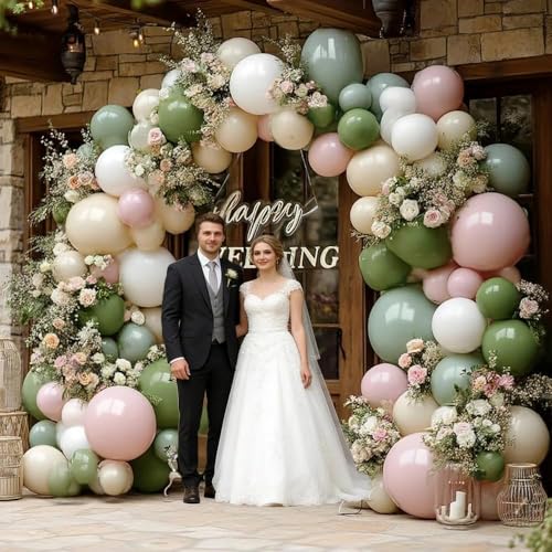 Image of Sage Green Pink Balloon Garland Double Stuffed Dusty Pink Green White Sand Balloons Rose Cream Balloon Arch Kit for Birthday Baby Shower Gender Reveal Wedding Wildflower Graduation Party Decorations