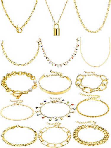 Hicarer 15 Pieces Gold Chain Necklace and Bracelet Sets Chain Link Paperclip Choker and Bracelet for Women Girls Dainty Jewelry