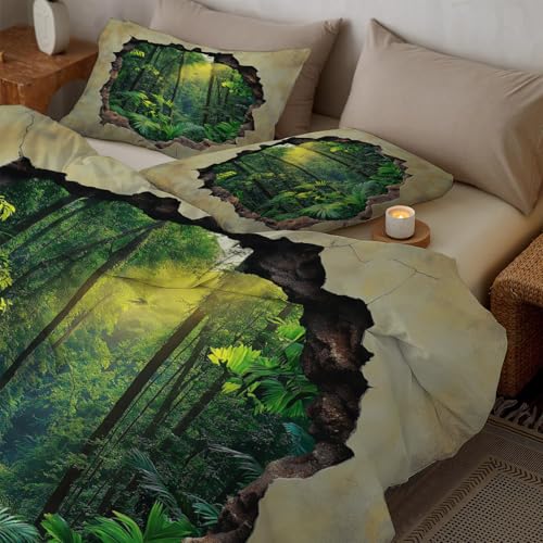 Housse de couette effet trou mural 3D parure lit marron jungle