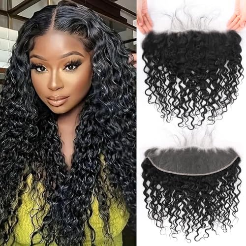 QTHAIR 18A Brazilian Water Wave Human Hair Frontal(22 Natural Black) 150% Density Brazilian Human Hair Water Wave13x4 Ear to Ear Swiss Lace Frontal Pre Plicked Natural Hairline