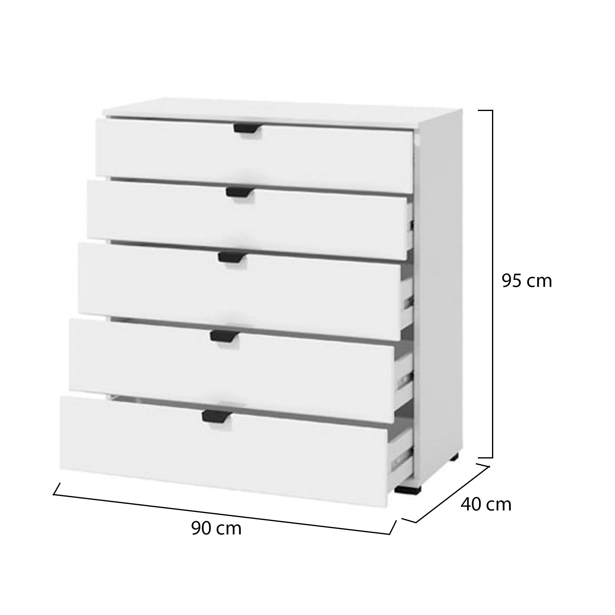 Dmora Cassettiera Chikeha 90x40x95h cm Bianco 5 Cassetti Apertura Scorrevole, Chiusura Scorrevole
