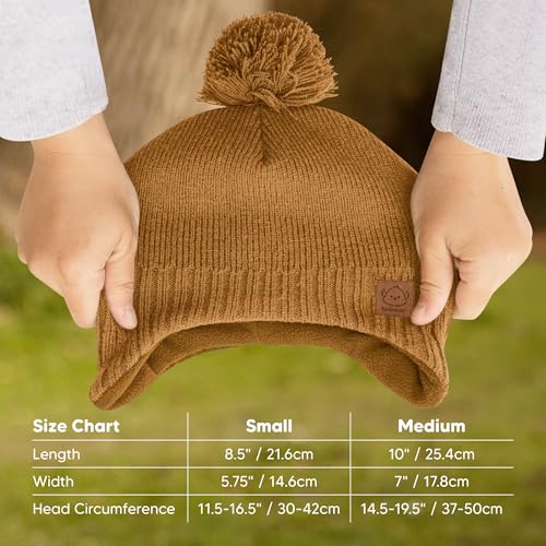 Image of Baby Beanie Winter Hat 6-36 Months - Cute Pom Winter Baby Hats with Earflaps, Soft & Stretchy Knit Toddler Beanies for Infant, Newborn 6-36 Months Boys, Girls, Cozy, Warm Fall Essentials (Latte, M)