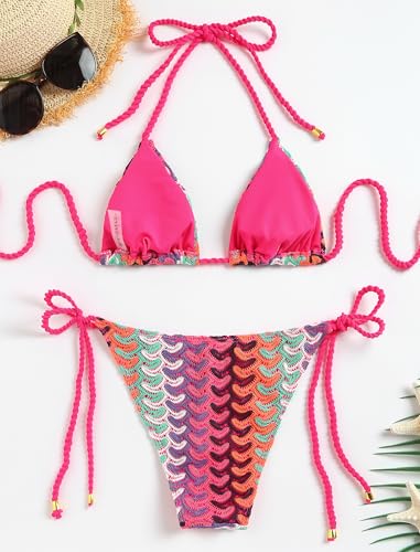 Image of ZAFUL 2 Piece Triangle Bikini for Women Knitted Rope Halter Bikini Sets Sexy Bathing Suit Side Tie Swimsuits Beachwear