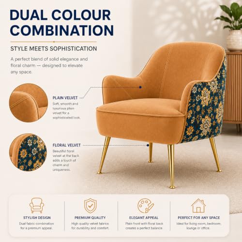 Image of Velvet Chair with Pillow for Home | Modern Accent Armchair in Soft Velvet Fabric with Golden Legs | Premium Accent Chair for Living Room Bedroom Restaurent | (Light Brown, Big Zara)