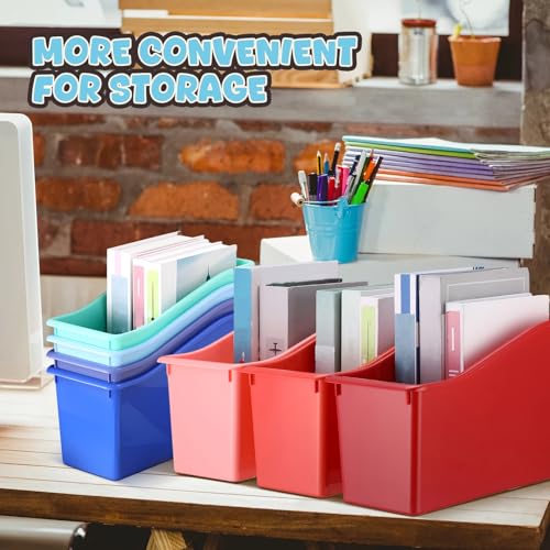 Teling 24 Pcs Plastic Book Bins Bulk for Classroom Interlocking Magazine Holder Organizer Folder Binder Storage Container Box with Name Labels for School Office Home Supply (Retro Earth Tone) - Image 6