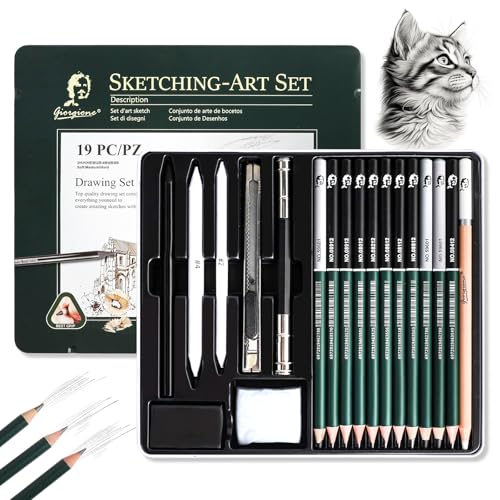Set de Dibujo en Carboncillo de19,Lapices de Dibujo Artístico,Incluye Lapices Grafito, Carboncillos, Herramientas de Dibujo etc, para Artista Principiante Estudiante Niños y Adultos