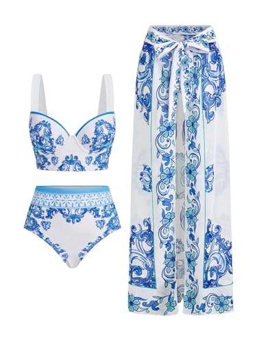 Women's 3 Pieces Bathing Suit Set Boho Graphic Bikini Set with Swimsuit Cover Ups