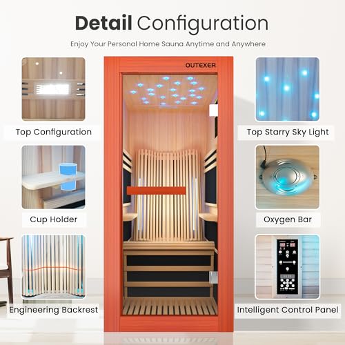 Image of OUTEXER Infrared Sauna 1495W Wooden Saunas Spa Room Pacific Clear Cedar Wood Single Person Indoor Saunas with Special Shaped Comfortable Backrest 32.68 * 47.24 * 69.29 Inch