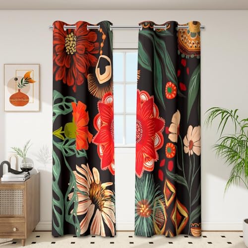 Image of Tyrot Black Floral Grommet Blackout Curtains, 42W x 63L, 2 Panels