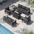 VONZOY 7 Piece Aluminum Patio Furniture Set with 44" Fire Pit Table & Thick Cushions, Aluminum Outdoor Sectional Conversation Set with Coffee Table for Porch, Backyard(Grey/Dark Grey)