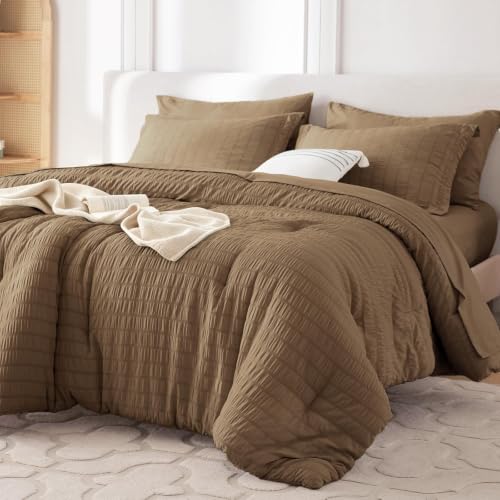 Image of MUXHOMO 7 Pieces Oversized Queen Comforter Set, Seersucker Bed in a Bag Oversized Queen Size, All Season Luxury Bedding Set with Comforter, Flat Sheet, Fitted Sheet, Pillowcases & Shams, Brown