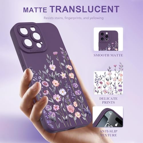 Image of Designed for iPhone 16 Pro Case Flower for Women Girls, Dark Purple | Cute Floral Pattern Liquid Silicone Phone Case [Full Camera Protection] Slim Soft TPU Protective Cover