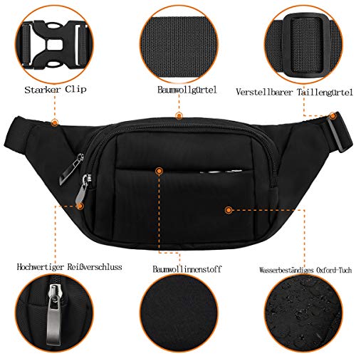 4 Taschen Bauchtasche Damen mit 35 cm verlängertem Gürtel Gürteltasche Herren Große Kapazität wasserdichte Hüfttasche Schwarz für iPad mini & iPhone 12 pro max- Bauchtasche für Sport