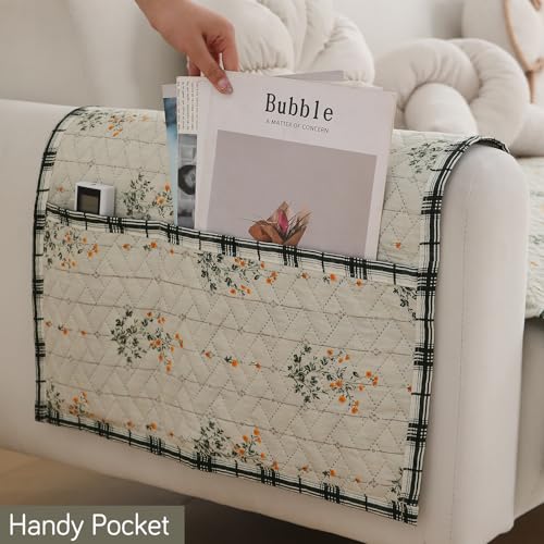 Image of HOKIPO 'HomeHues Series' Printed Quilted Sofa Seat Mat for 1 Seater Sofa with 2 Armrest Covers with Pockets, Light Green Ash Gypsy Flower (IN-806-D5 + IN-814-D5*2)