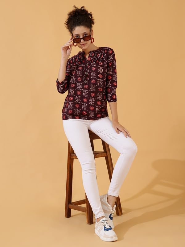 Image of Women's Cotton Printed Kurta Top | 3 /4 Sleeve Straight Kurti Casual Outings