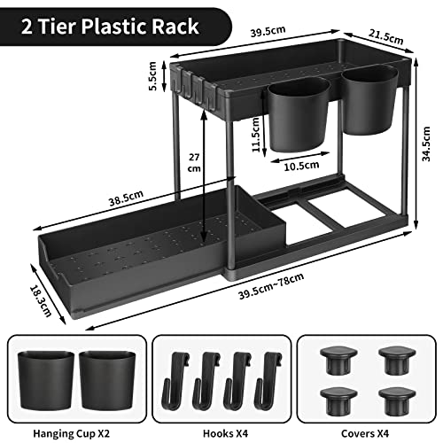 YOCOLE Organizador Bajo Fregadero 2 Niveles, Deslizable Estante Almacenamiento Debajo Fregadero con 4 Ganchos y 2 Cesta Colgante, Cajon Extraíble para Cocina Bano, Negro - imagen 5