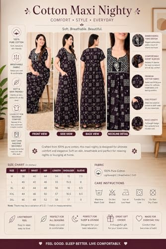 Image of Women's Pure Cotton Maxi Nighty, Jaipuri Embroidery Print, Short Sleeve Night Gown with Pocket