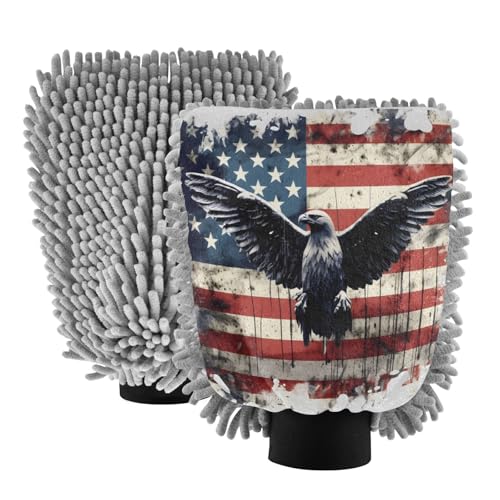 ALAZA American Flag Eagle Car Wash Mitt Scratch Free, 2 Pack Absorbent Microfiber/Chenille Washing & Drying Mitts, L