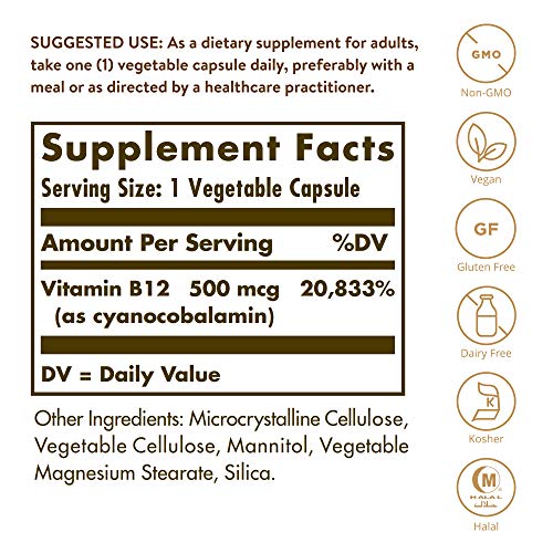 Solgar Vitamin B12 500 Mcg Vegetable Capsules, Unflavored, 250 Count #TOP1