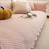 vctops Shabby Chic 100% Cotton Quilted Couch Cover Washable Leaf Plaid Embroidered Sofa Cover Non-Slip Soft Sofa Slipcover Washable Furniture Protector (Pink,28'x28')