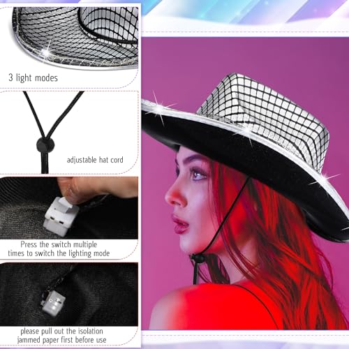 Image of Kigeli 10 Pcs Lights LED Cowboy Hat for Adult LED Flashing Hat for Western Cowboy Women Men Role Play