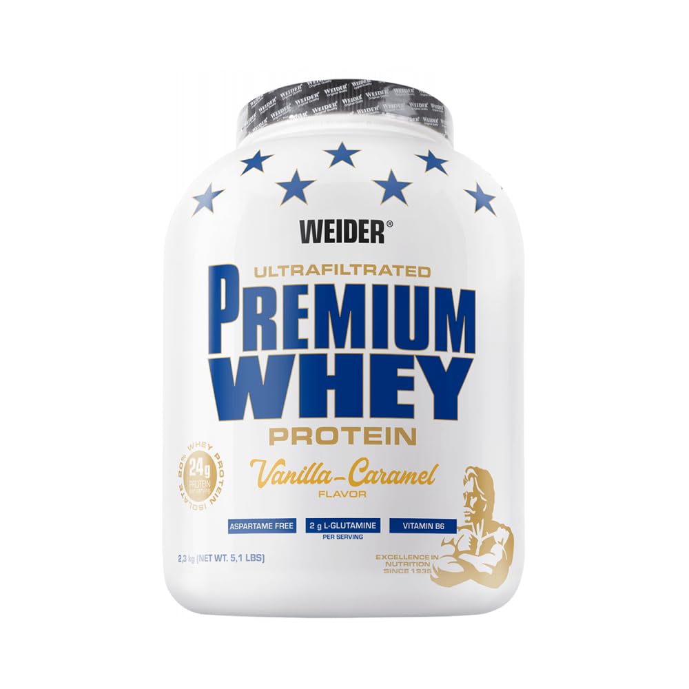 Weider Premium Whey Protein Powder, 2.3kg, Vainilla-Caramelo | Alto contenido de proteínas, Pocos carbohidratos y grasas, Con L-glutamina y vitamina B6