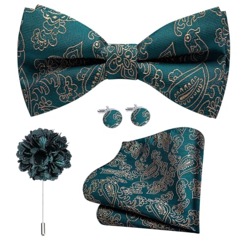 Image of Dubulle Mens Paisley Striped Bowtie Set Pre-tied Bowtie for Men and Pocket Square Set Wedding Business