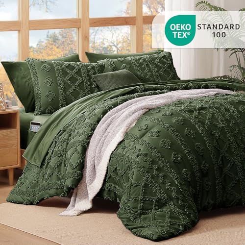 Image of King Size Comforter Set- 7 Pieces Tufted Bed in a Bag King Bedding Sets | All Season Shabby Chic Boho Bedding with Comforter, Sheets, Pillowcases & Shams, Dark Green