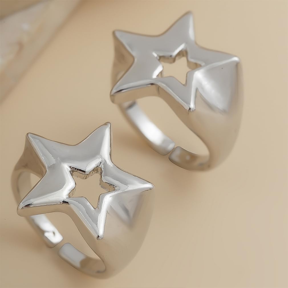 Juego de 2 anillos abiertos gruesos de oro Y2k para mujer, apilables, estrellas huecas, vintage, anillos para nudillos, anillos grandes de hip hop, joyería de regalo, Zinc, Sin piedras preciosas 4