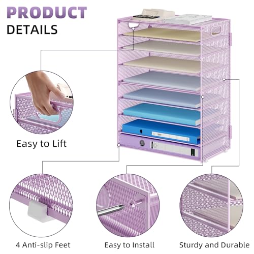 Image of Marbrasse Paper Organizer Letter Tray, 9 Tier Mesh File Organizer with Handle, Paper Sorter Desk Organizer for Home Office Supplies - Purple