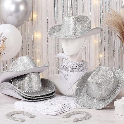 Image of Coume 12 Pcs Sparkly Adults Cowboy Hat and Bandanas Women Men Western Glitter Cowgirl Party Hats with Adjustable Drawstring