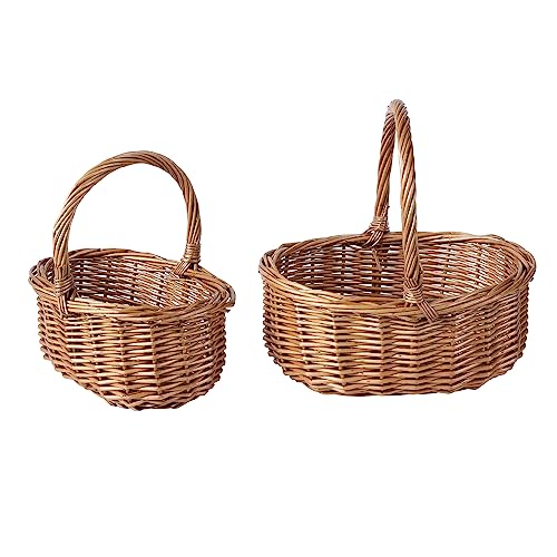 Wickerfield Set of 2 Small Wicker Shopping Basket, Natural Wicker Storage Baskets for Easter, Flower Girls, Wedding & Gift Hamper Basket (S+L, Oval)