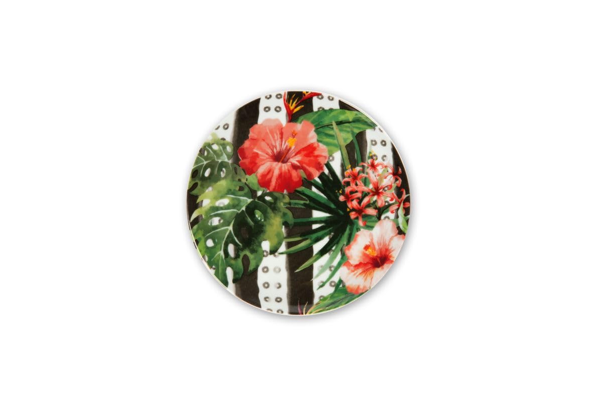 Excelsa Tropical Chic Set 6 Piattini in Porcellana per Aperitivo e Dessert, Decorazioni Tropicali