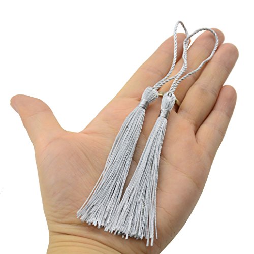 Image of 100pcs 13cm /5 Inch Silky Floss Bookmark Tassels with 2-Inch Cord Loop and Small Chinese Knot for Jewelry Making, Souvenir, Bookmarks, DIY Craft Accessory (Silver)