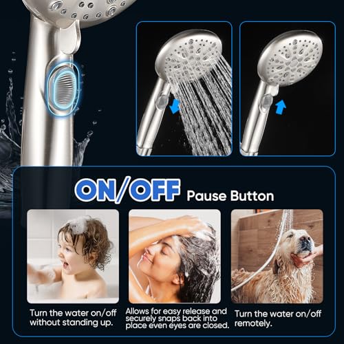 Image of Cobbe 9-Function Shower Head with Built-in Power Spray, 1.8 GPM Water Saving ON /OFF Toggle Switch, High Pressure Handheld Showerhead with 1-Click Pause Button, Brass Bracket & 6ft Hose, Brushed Nickel