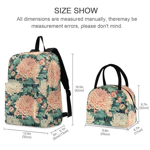 Backpack Lunch Box Set Large Capacity Travel Backpacks and Insulated Lunch Bag for Commute Hiking Picnic Japanese Floral Print2
