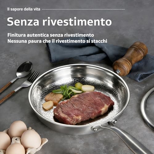 Padella In Titanio, Padelle In Titanio Con Coperchio E Spatola, Padella Titanio Per Cucina E Campeggio, Padelle Titanio Martellate Professionali Per Qualsiasi Piano Cottura (Senza Coperchio, 22Cm) - 3