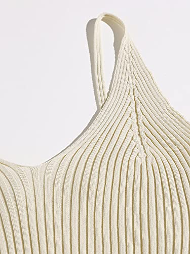 Sweatyrocks Women's V Neck Crop Cami Top Ribbed Knit Spaghetti Strap Sleeveless Vest Plain Beige S #TOP2
