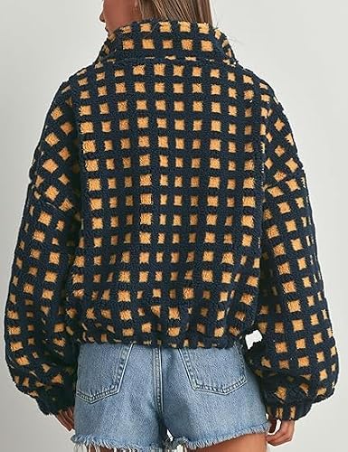 SANSIWU Womens Plaid Print Sherpa Fleece Jackets Long Sleeve Full Zip Up Faux Fur Fuzzy Cropped Coat Trendy Warm Outerwear With Pockets (A-Navy Blue, S) - Image 6