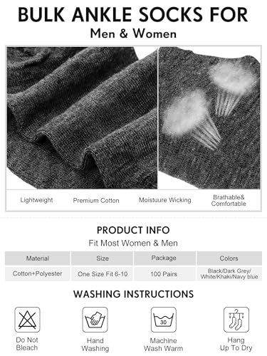 Image of Tarpop 100 Pairs Bulk Mens Socks Moisture Wicking Casual Sports Ankle Socks for Homeless Unisex Adult Men Women