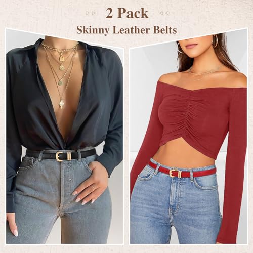 WHIPPY 2 Pack Skinny Leather Belts for Women Thin Ladies Fashion Belt C-Shaped Gold Buckle Black Belt for Jeans Pants Dresses3