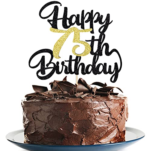 Image of 75th happy birthday cake topper happy birthday cake decoration party decoration gift plug-in photo props plug-in black gold glitter