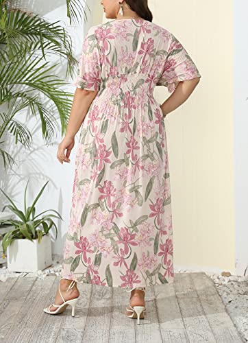 Image of OSTOO Women's Plus Size Hawaii Empire Waist Bat Short Sleeve Casual Floral Print Boho Maxi Dress