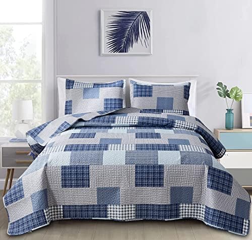 Plaid Quilt Set Queen/Full Size, 3-Piece Navy Blue Patchwork Bedspread Coverlet Set Reversible Country Plaid Blue White Quilt Lightweight Bedding Set with 2 Pillow Shams