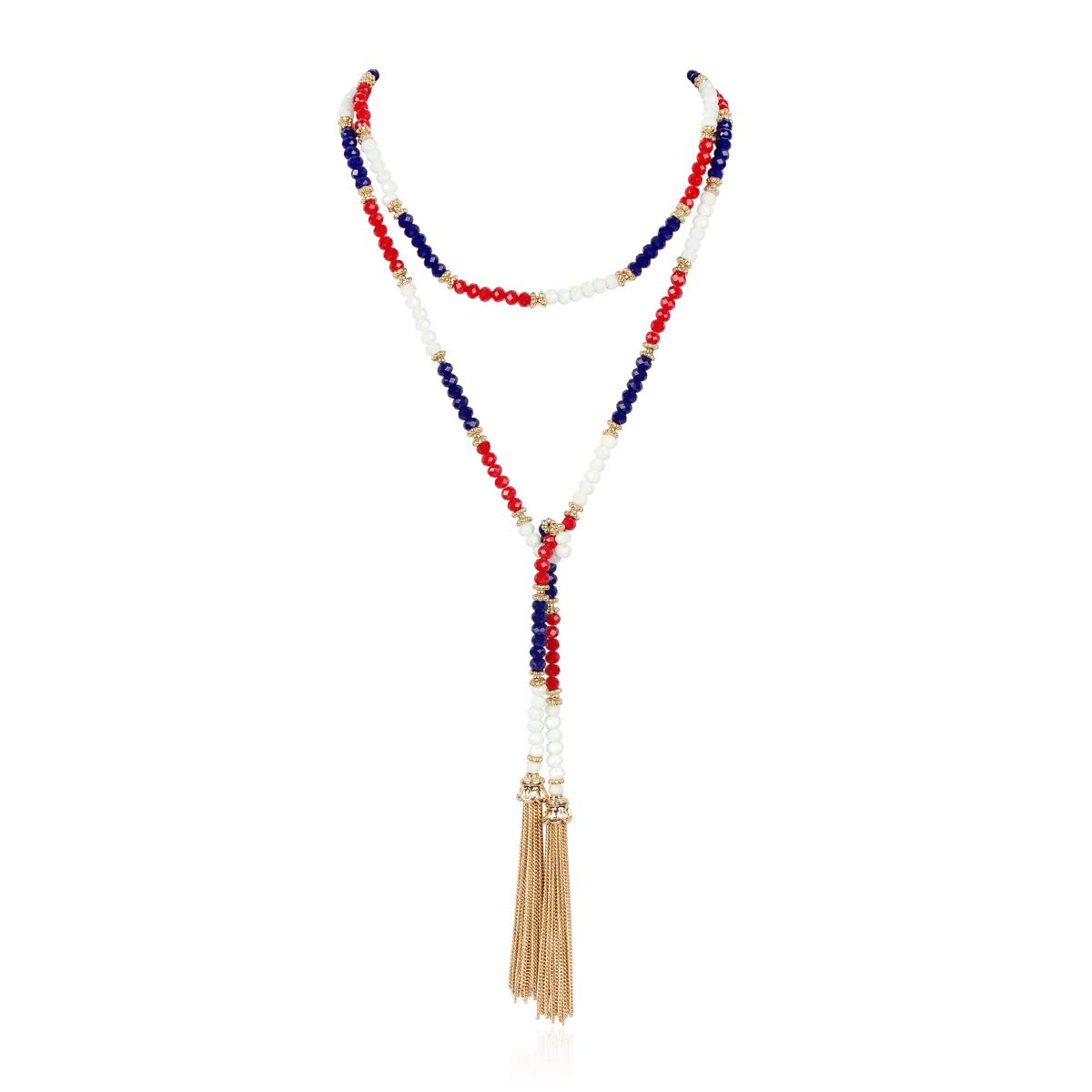 Bohemian Tassel Pendant Beaded Long Statement Necklace - Sparkly Crystal Bead Boho Teardrop, Natural Stone, Silky Thread Fringe