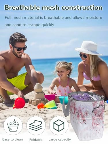 Beach Bags Women Mesh Tote Bag Watercolor Pink Cherry Blossom Toy Grocery Pool Bag with Pockets for Travel/Picnic/Shower2