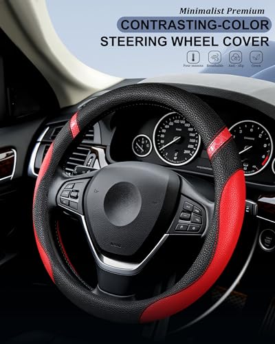 Image of Steering Wheel Cover for Women Leather Universal Steering Wheel Cover for Car 15 inch (Red)