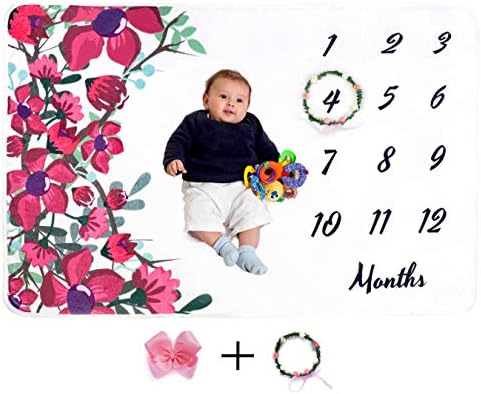 nhub Baby Monthly Milestone Blanket for Baby Girl, Photo Blanket for Newborn Baby Shower, Baby Milestone Blanket Girl for Baby Pictures, Month Blanket, Includes Headband + floral wreath, Large 60"x40"