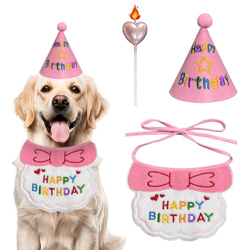 Set cumpleaños perro: Gorro y babero talla grande rosa