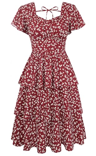 Image of Belle Poque Women's Vintage Square Neck Dress 2026 Summer Short Sleeve Layered Tiered Ruffle A-line Swing Midi Dress